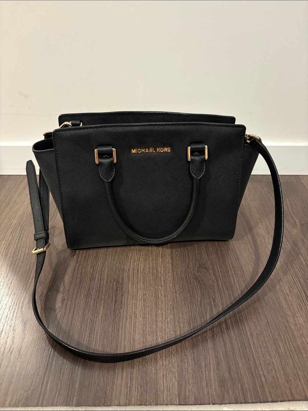 Michael Kors Black Leather Satchel with Gold Hardware
